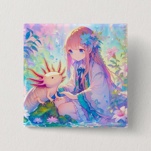 Pastel Anime Girl and an Axolotl 15 Cm Square Badge (Front)