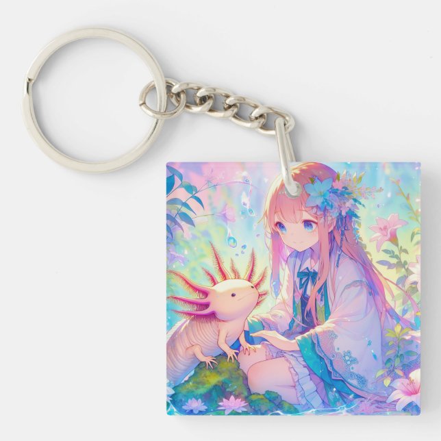 Pastel Anime Girl and an Axolotl Personalised Key Ring (Front)