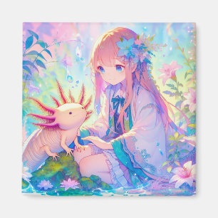 Pastel Anime Girl and an Axolotl Personalised Magnet