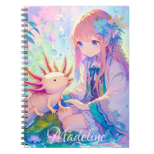 Pastel Anime Girl and an Axolotl Personalised Notebook