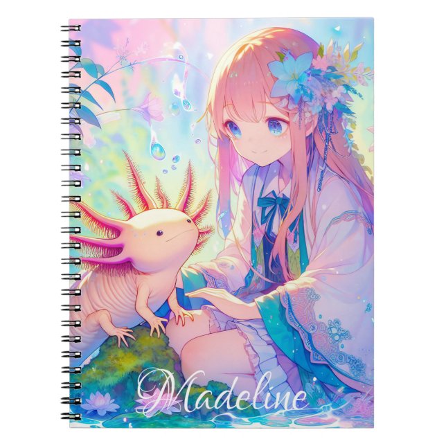 Pastel Anime Girl and an Axolotl Personalised Notebook (Front)