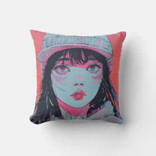Pastel Anime Girl in Beanie Art Cushion