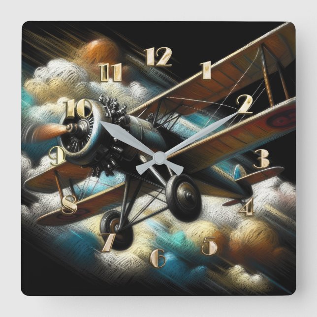  Pastel Antique Biplane Aeroplane Aeroplane Square Wall Clock (Front)