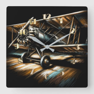  Pastel Antique Biplane Aeroplane Airplane Square Wall Clock