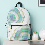 Pastel Aqua and Purple Agate Pattern with Name Printed Backpack<br><div class="desc">This beautifully stylish backpack design features a modern agate stone pattern in trendy feminine pastel aqua, purple, blue and gold. A text template is included to personalise with your name or other desired text along the lower left side of the design. You can also delete the sample monogram if you...</div>