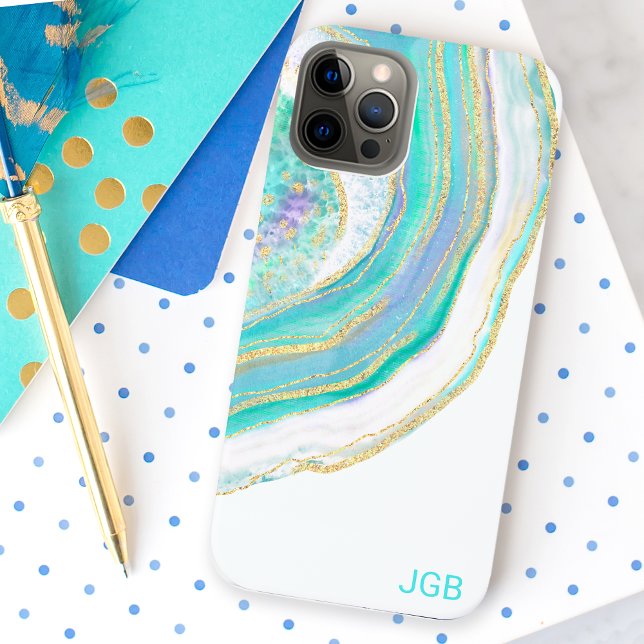 Pastel Aqua and Purple Agate with Monogram Case-Mate iPhone Case (Creator Uploaded)