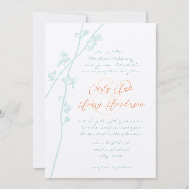 Pastel Aqua Blue Blush Coral Flower Wedding Invite (Front)