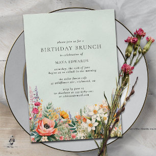 Pastel Aqua Blue   Elegant Floral Birthday Brunch Invitation