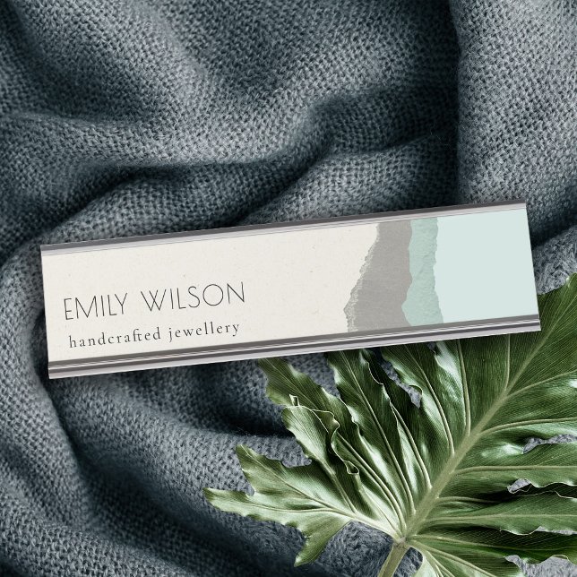 Pastel Aqua Grey  Kraft Mountain Wave Torn Edge Desk Name Plate (Creator Uploaded)