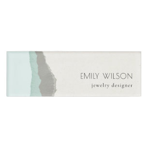 Pastel Aqua Grey  Kraft Mountain Wave Torn Edge Name Tag