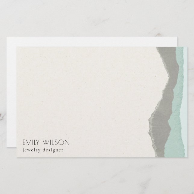 Pastel Aqua Grey  Kraft Mountain Wave Torn Edge Stationery (Front/Back)