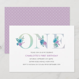Pastel Aqua Purple first Birthday Invitation