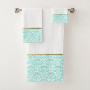 PASTEL AQUA VINTAGE ROSE GOLD BATHROOM TOWEL SET