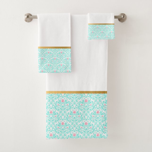 PASTEL AQUA VINTAGE ROSE GOLD BATHROOM TOWEL SET (Insitu)