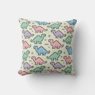 Pastel Arcade Dinosaur Pixel Silhouettes Pattern Cushion
