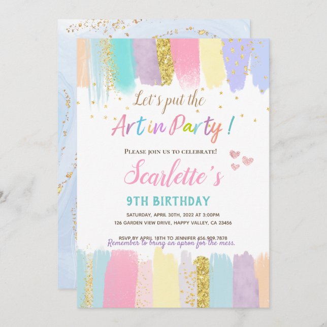 Pastel Art Painting Party Girl Birthday Invitation (Front/Back)