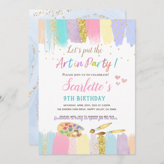 Pastel Art Painting Party Girl Birthday Invitation (Front/Back)