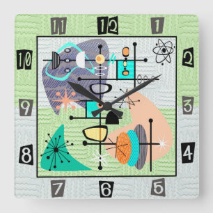 Pastel Atomic Modern Mid Century  Square Wall Clock