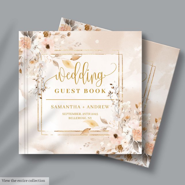 Pastel Autumn Boho Florals Gold Wedding Guest Book (Pastel Autumn Boho Florals Gold Wedding Guest Book)