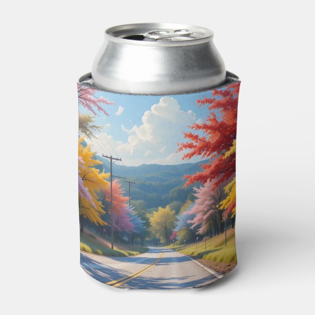 Pastel Autumn Country Road Watercolor Can Cooler (Can Front)