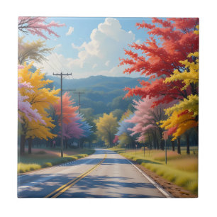 Pastel Autumn Country Road Watercolor Ceramic Tile