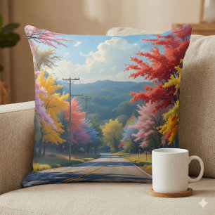 Pastel Autumn Country Road Watercolor Cushion