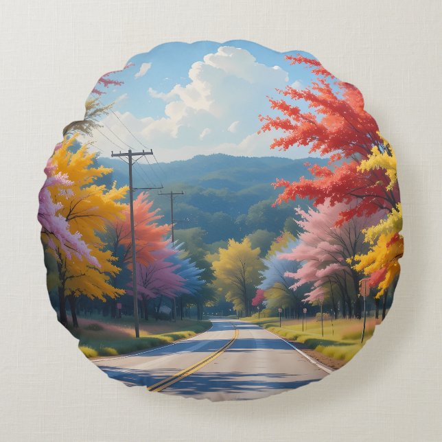 Pastel Autumn Country Road Watercolor Round Cushion (Front)