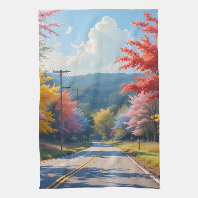 Pastel Autumn Country Road Watercolor Tea Towel (Vertical)