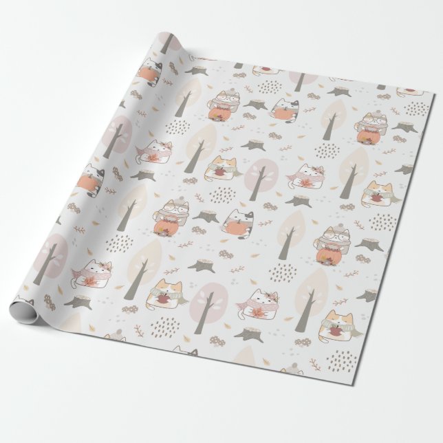 Pastel Autumn Cute Cats Wrapping Paper (Unrolled)