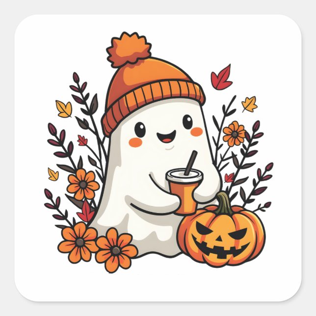 Pastel Autumn Kawaii Ghost Fall Pumpkin Spice   Square Sticker (Front)