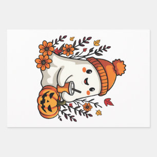 Pastel Autumn Kawaii Ghost Fall Pumpkin Spice   Wrapping Paper Sheet