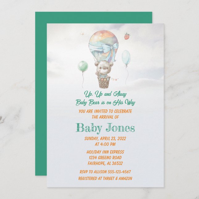 Pastel Baby Bear Hot Air Balloon Baby Shower Invitation (Front/Back)