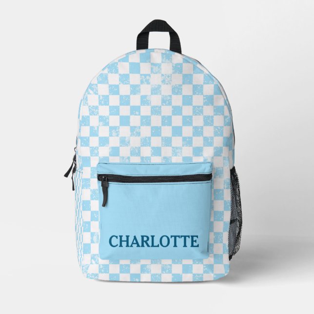 Pastel Baby Blue Chequered  Printed Backpack (Front)