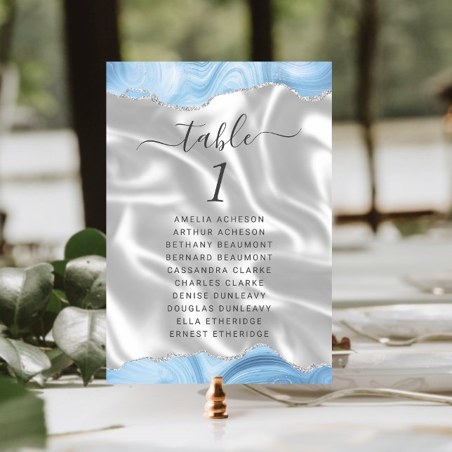 Pastel Baby Blue Silver Agate White Silk Wedding Table Number (Creator Uploaded)