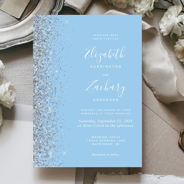 Pastel Baby Blue Silver Glitter Wedding Invitation (Creator Uploaded)