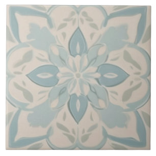Pastel Baby Blue & White Decorative Floral Ceramic Tile
