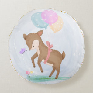 PASTEL BABY DEER WITH COLORFUL BALLOONS ROUND CUSHION