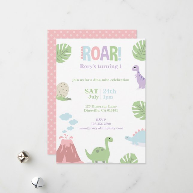 Pastel Baby Dinosaur Kids Birthday Party Holiday Card (Front/Back In Situ)