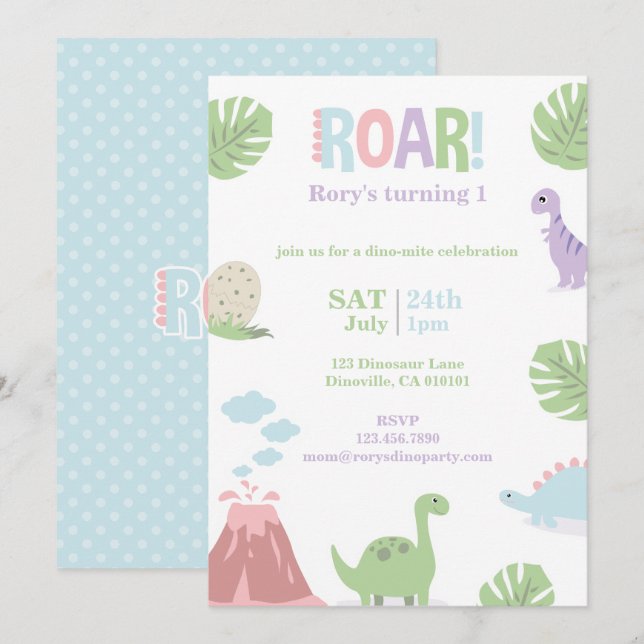 Pastel Baby Dinosaur Kids Birthday Party Holiday Card (Front/Back)