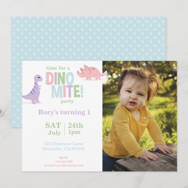 Pastel Baby Dinosaur Kids Photo Birthday Party Holiday Card (Front/Back)