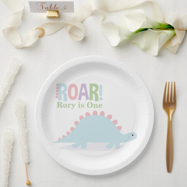 Pastel Baby Dinosaurs Roar Birthday Party Paper Plate (Wedding)