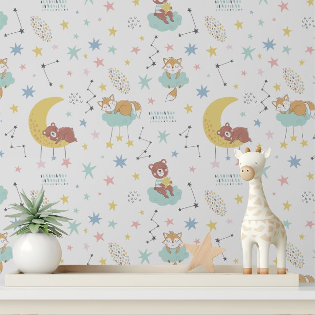 Pastel Baby Fox Bear Moon Stars Cute Kids Pattern Wallpaper (Creator Uploaded)