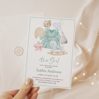 Pastel Baby Girl Shower with Soft Blue Dress Invitation