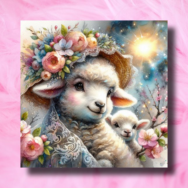 Pastel Baby Lamb and Mama Christian Easter  Holiday Card (Creator Uploaded)