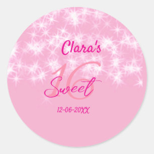 Pastel baby pink sweet 16 birthday add name da classic round sticker