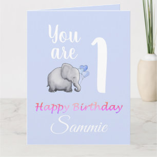 Pastel Baby's Cute Elephant 1st Birthday Verses Card