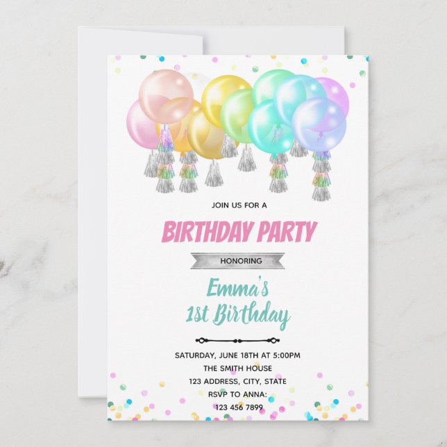 Pastel balloon birthday card invitation (Front)