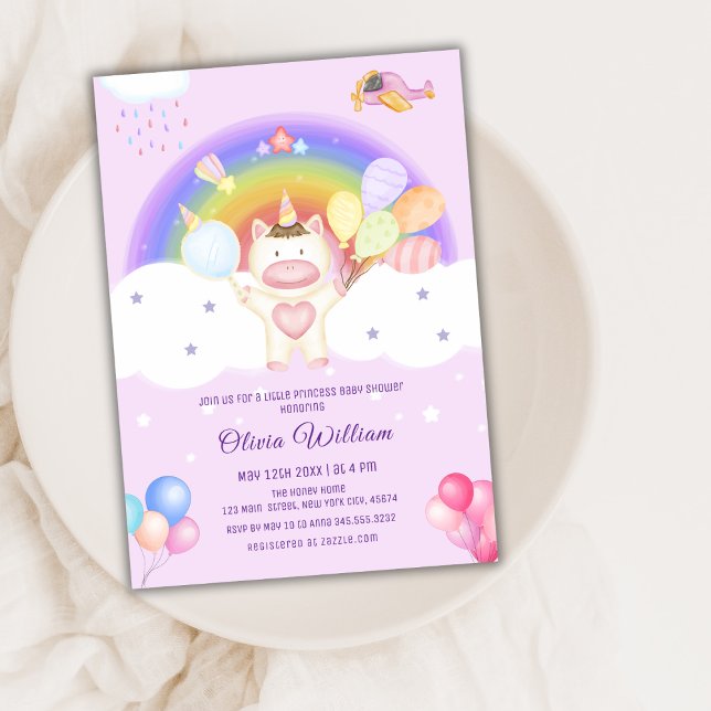 Pastel Balloon Unicorn Rainbow Baby Shower Invitation (Pastel Balloon Unicorn Rainbow Baby Shower Invitation)