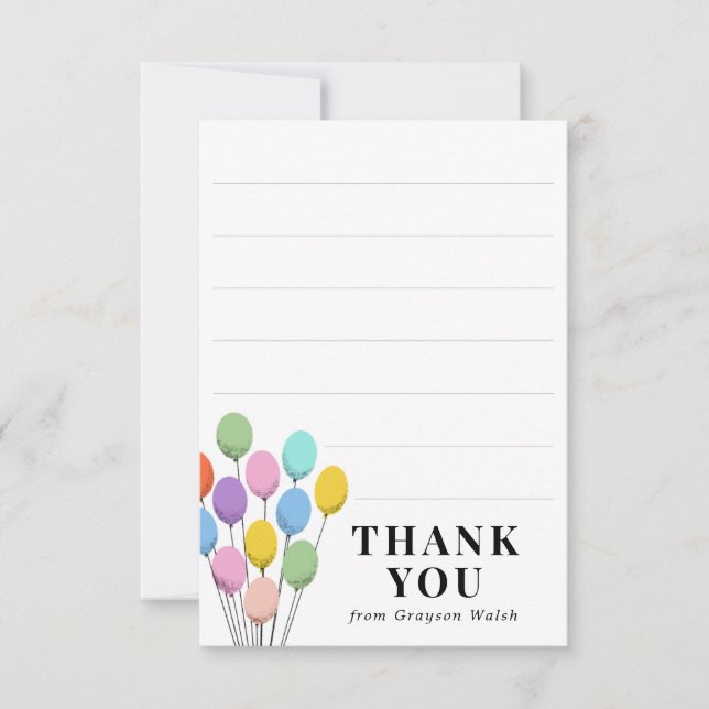 Pastel Balloons Birthday Thank You Note (Front)
