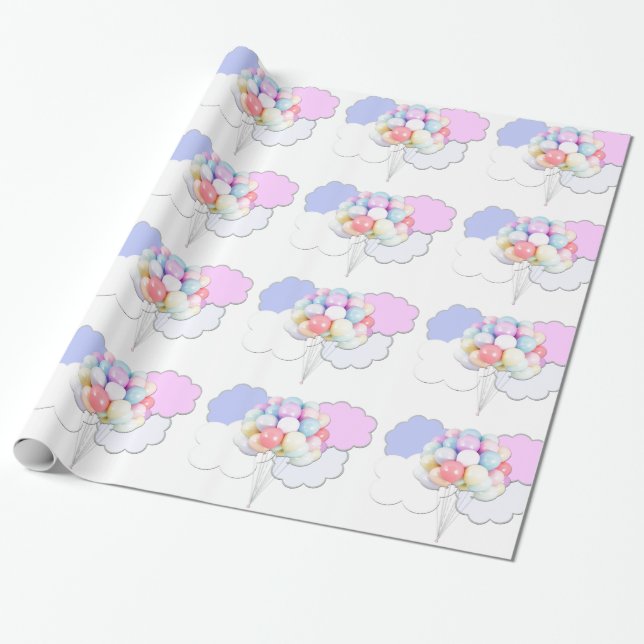 Pastel Balloons in Clouds Wrapping Paper (Unrolled)